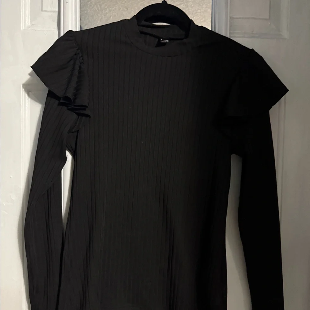 SHEIN Black Ruffled Ribbed Blouse - Picture 1 of 2